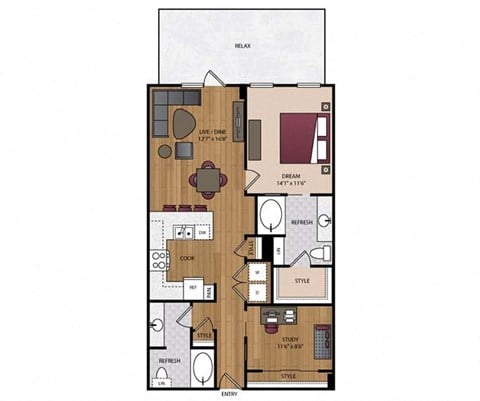 Floor plan for 2 beds, 2 baths, 1075 sqft
