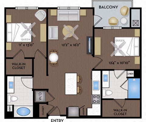 Floor plan for 2 beds, 2 baths, 1095 sqft
