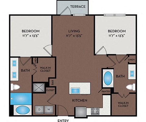 Floor plan for 2 beds, 2 baths, 1068 sqft