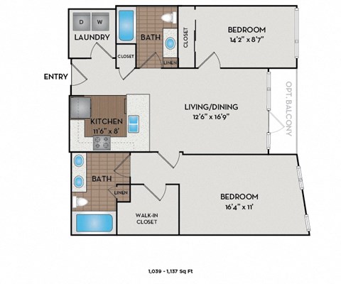 Floor plan for 2 beds, 2 baths, 1189 sqft