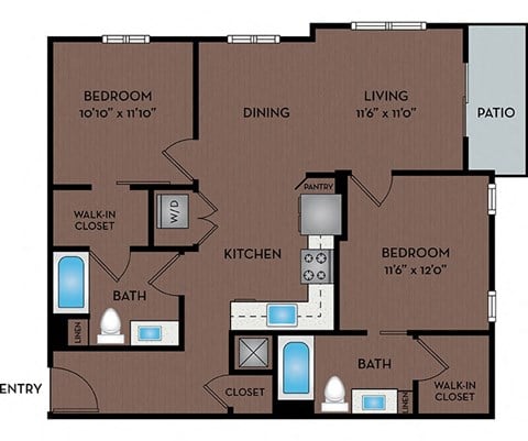 Floor plan for 2 beds, 2 baths, 1041 sqft