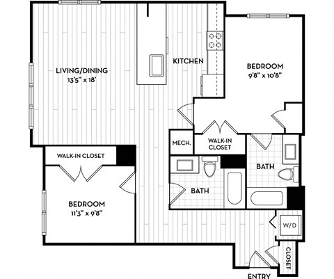 Floor plan for 2 beds, 2 baths, 1045 sqft