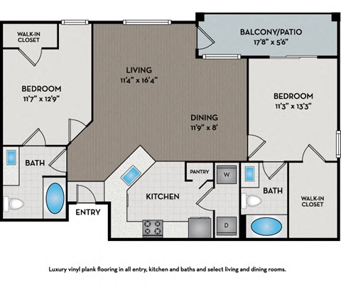 Floor plan for 2 beds, 2 baths, 1170 sqft