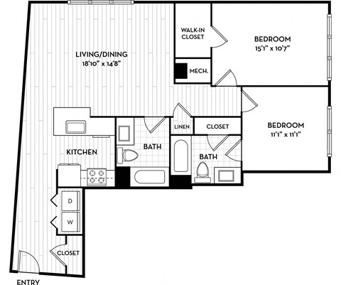 Floor plan for 2 beds, 2 baths, 1048 sqft