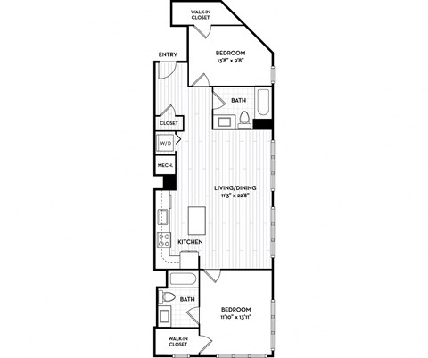 Floor plan for 2 beds, 2 baths, 1050 sqft