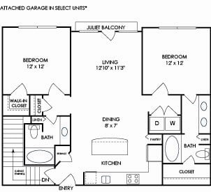 Floor plan for 2 beds, 2 baths, 1051 sqft