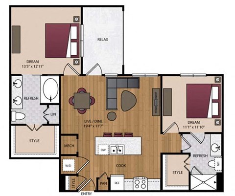 Floor plan for 2 beds, 2 baths, 1067 sqft