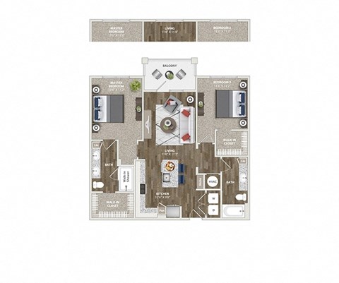 Floor plan for 2 beds, 2 baths, 1108 sqft