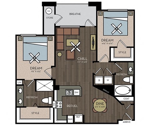 Floor plan for 2 beds, 2 baths, 1092 sqft