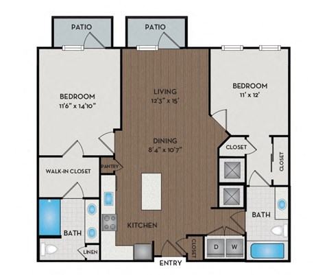 Floor plan for 2 beds, 2 baths, 1154 sqft