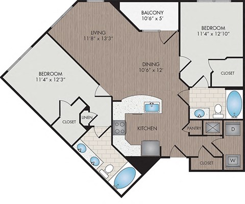 Floor plan for 2 beds, 2 baths, 1083 sqft