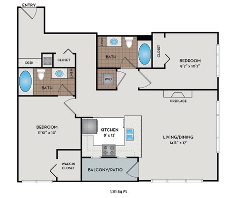 Floor plan for 2 beds, 2 baths, 1286 sqft