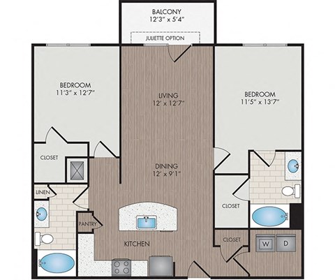 Floor plan for 2 beds, 2 baths, 1112 sqft