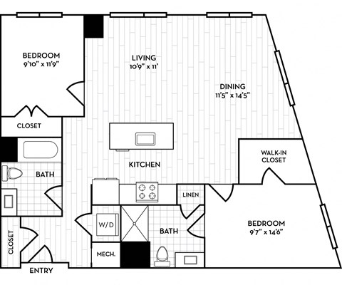 Floor plan for 2 beds, 2 baths, 1152 sqft