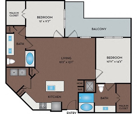 Floor plan for 2 beds, 2 baths, 1163 sqft