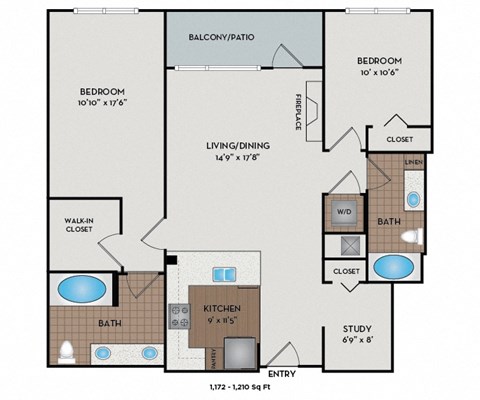 Floor plan for 2 beds, 2 baths, 1210 sqft
