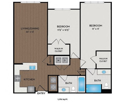 Floor plan for 2 beds, 2 baths, 1176 sqft