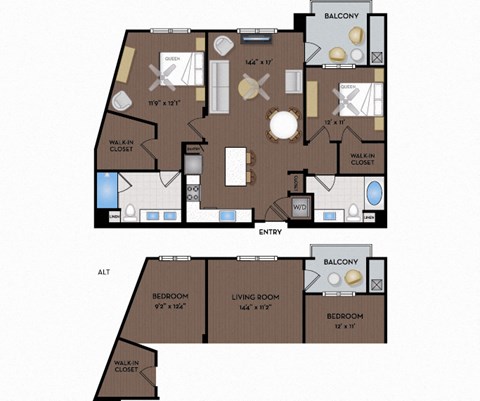Floor plan for 2 beds, 2 baths, 1183 sqft