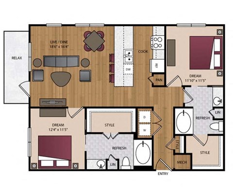 Floor plan for 2 beds, 2 baths, 1235 sqft