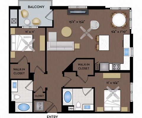 Floor plan for 2 beds, 2 baths, 1198 sqft