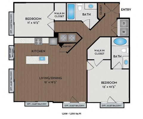 Floor plan for 2 beds, 2 baths, 1369 sqft