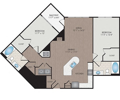 Floor plan for 2 beds, 2 baths, 1213 sqft