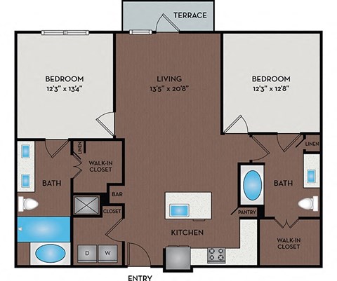 Floor plan for 2 beds, 2 baths, 1229 sqft