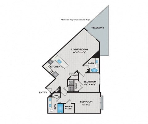 Floor plan for 2 beds, 2 baths, 1254 sqft