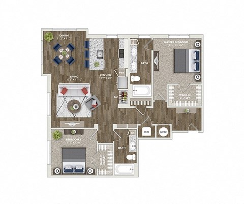 Floor plan for 2 beds, 2 baths, 1261 sqft