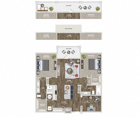 Floor plan for 2 beds, 2 baths, 1261 sqft