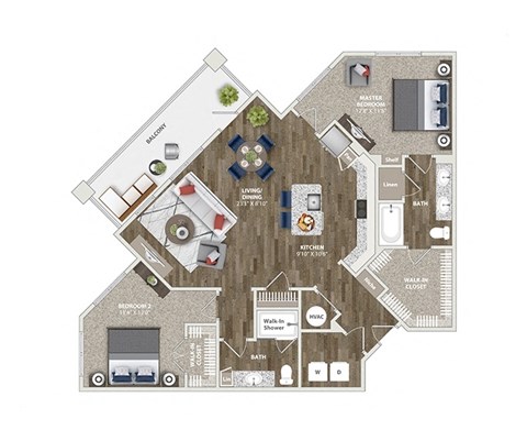 Floor plan for 2 beds, 2 baths, 1297 sqft