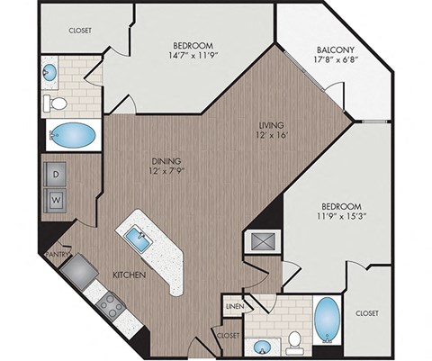 Floor plan for 2 beds, 2 baths, 1297 sqft