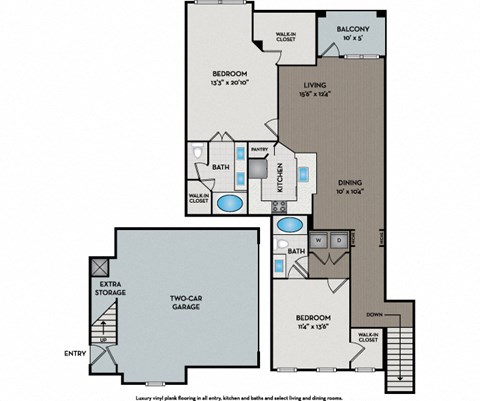 Floor plan for 2 beds, 2 baths, 1364 sqft