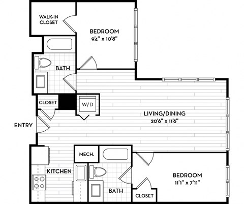 Floor plan for 1 bed, 2 baths, 895 sqft