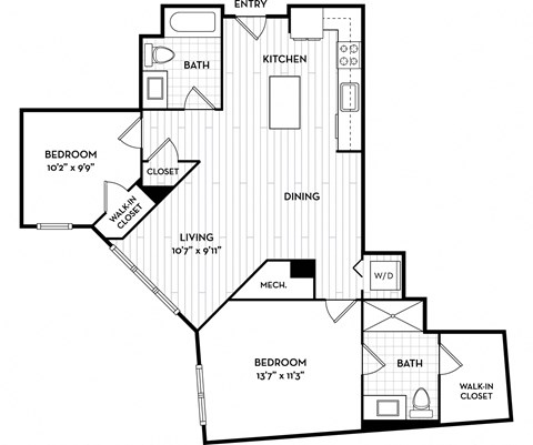 Floor plan for 2 beds, 2 baths, 895 sqft
