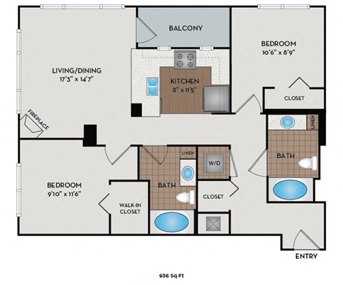 Floor plan for 2 beds, 2 baths, 1000 sqft