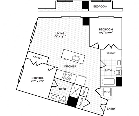 Floor plan for 2 beds, 2 baths, 1002 sqft