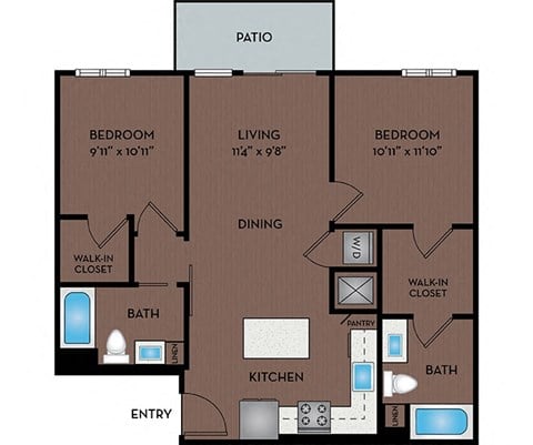 Floor plan for 2 beds, 2 baths, 967 sqft