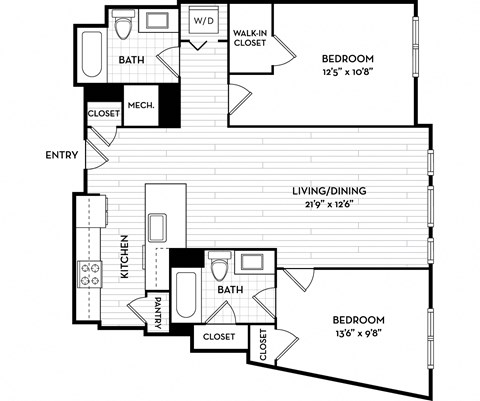 Floor plan for 2 beds, 2 baths, 977 sqft