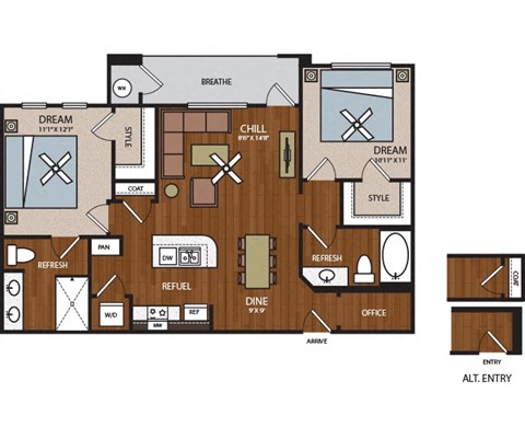 Floor plan for 2 beds, 2 baths, 1012 sqft