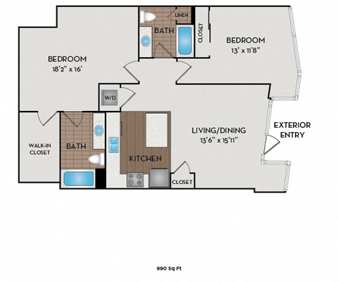 Floor plan for 2 beds, 2 baths, 1328 sqft
