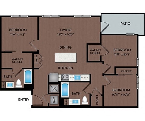 Floor plan for 3 beds, 2 baths, 1223 sqft