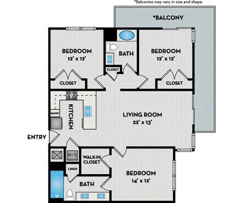 Floor plan for 3 beds, 2 baths, 1295 sqft