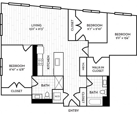 Floor plan for 3 beds, 2 baths, 1302 sqft