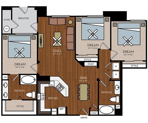 Floor plan for 3 beds, 2 baths, 1345 sqft