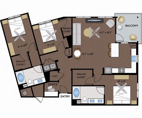 Floor plan for 3 beds, 2 baths, 1535 sqft