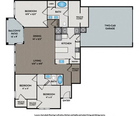 Floor plan for 3 beds, 2 baths, 1597 sqft
