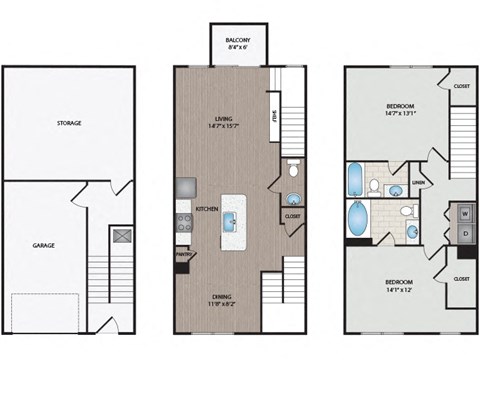 Floor plan for 3 beds, 2.5 baths, 1514 sqft
