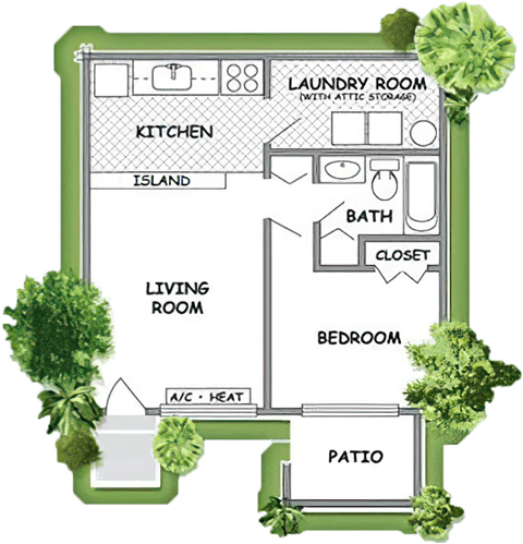 Floor plan for 1 bed, 1 bath, 576 sqft