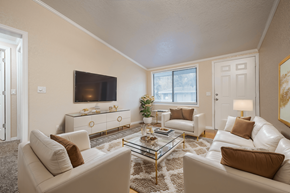 Port Orange apartment for rent - A living room with a white couch and a glass coffee table.